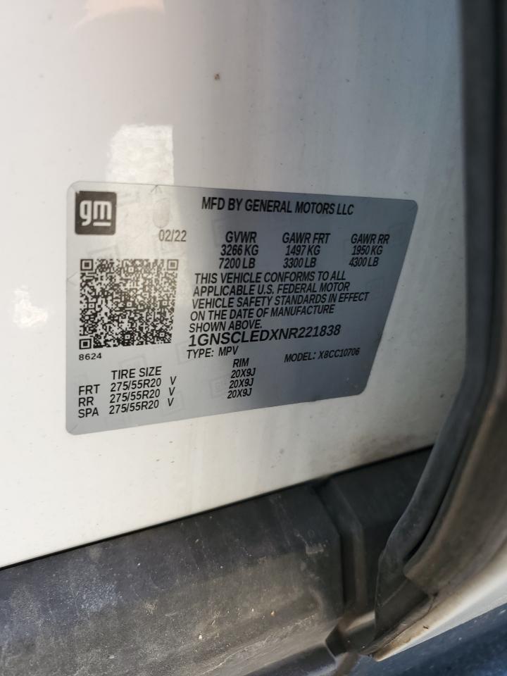 2022 CHEVROLET TAHOE C1500 VIN:1GNSCLEDXNR221838