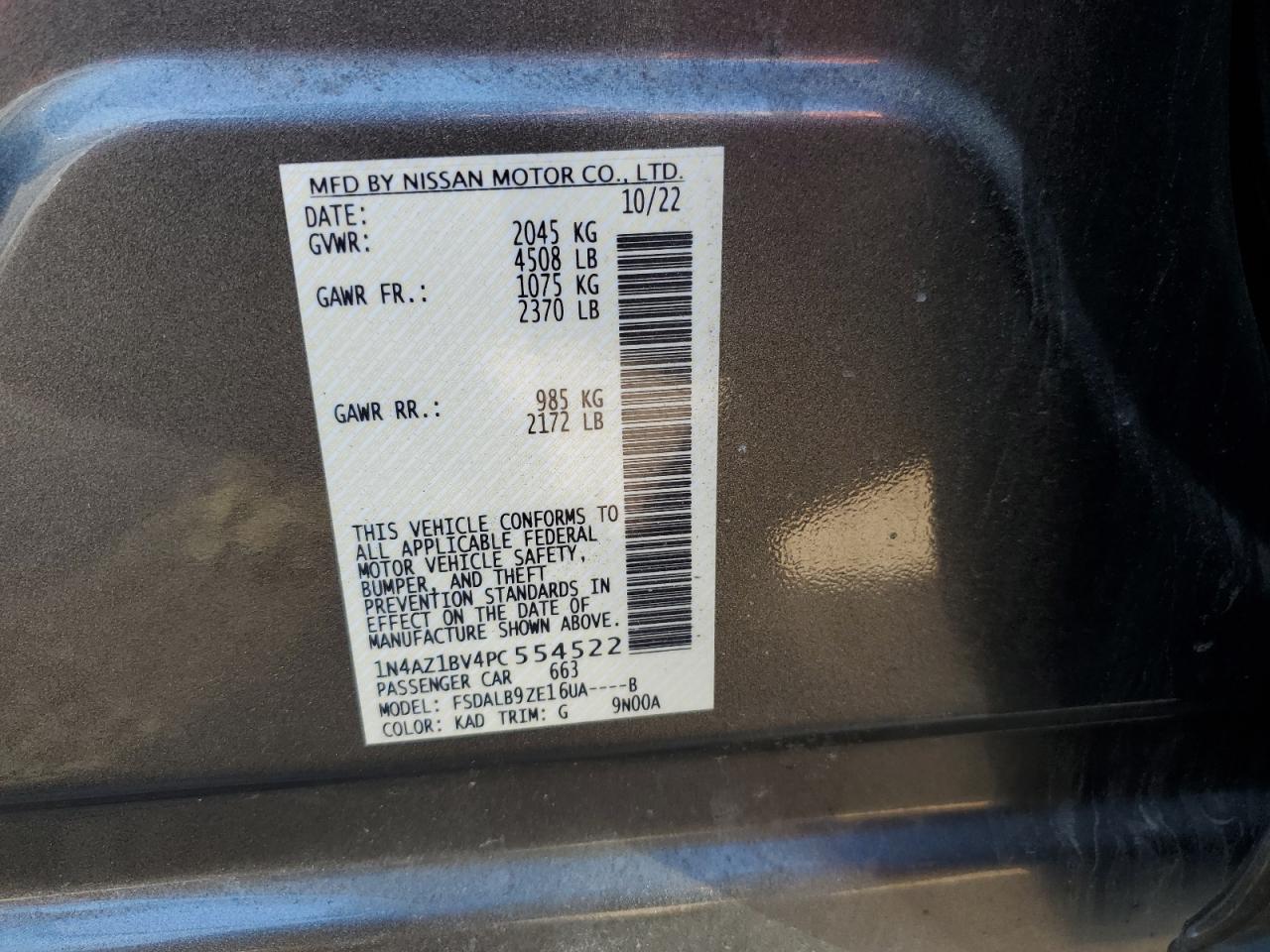 2023 NISSAN LEAF S VIN:1N4AZ1BV4PC554522