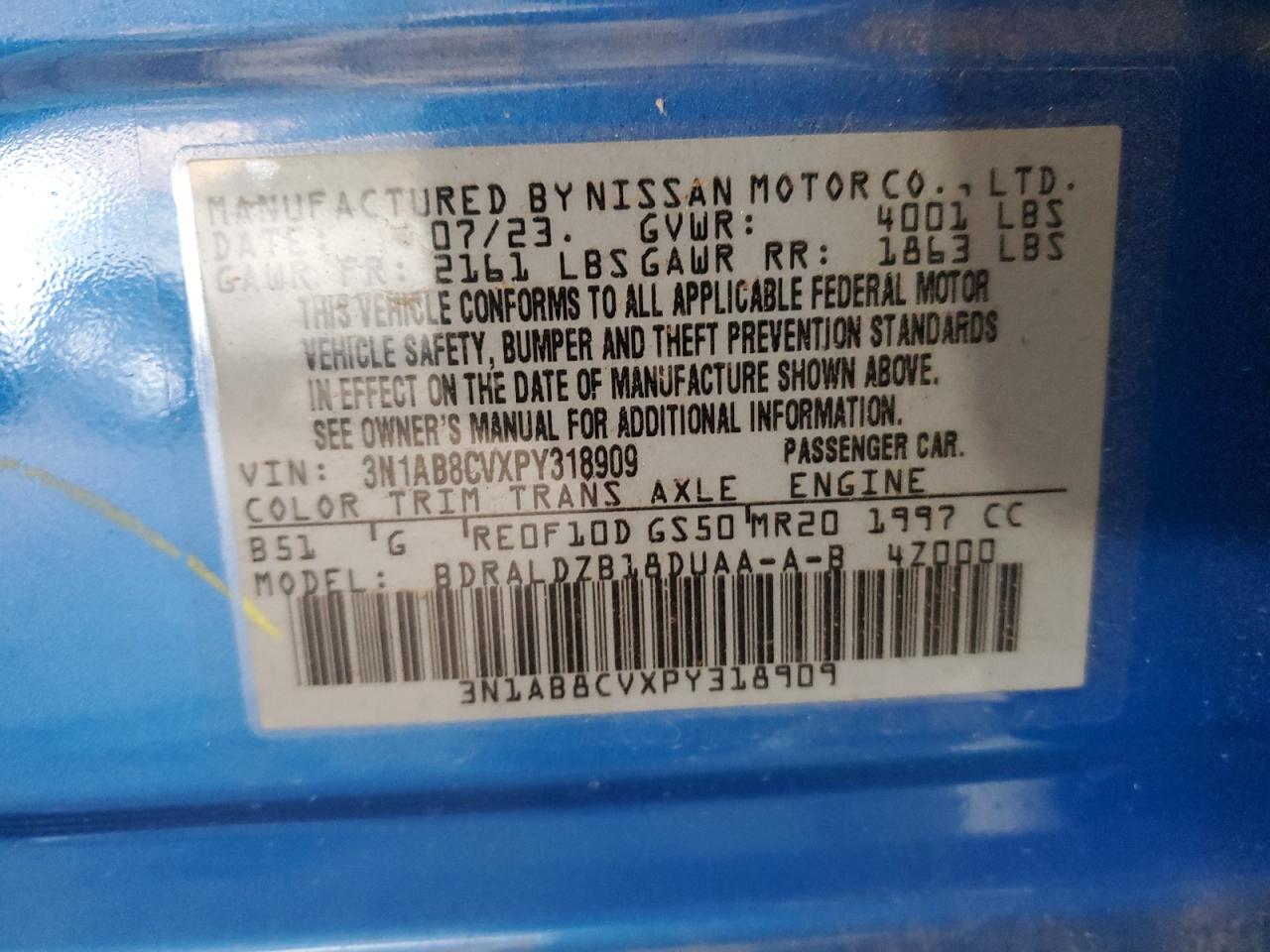 2023 NISSAN SENTRA SV VIN:3N1AB8CVXPY318909