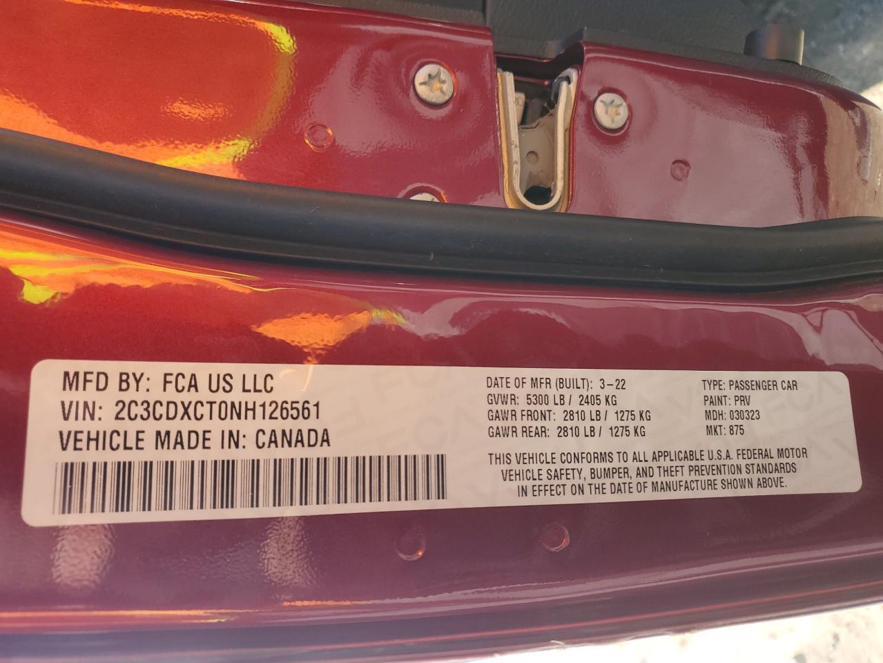 2022 DODGE CHARGER R/T VIN:2C3CDXCT0NH126561