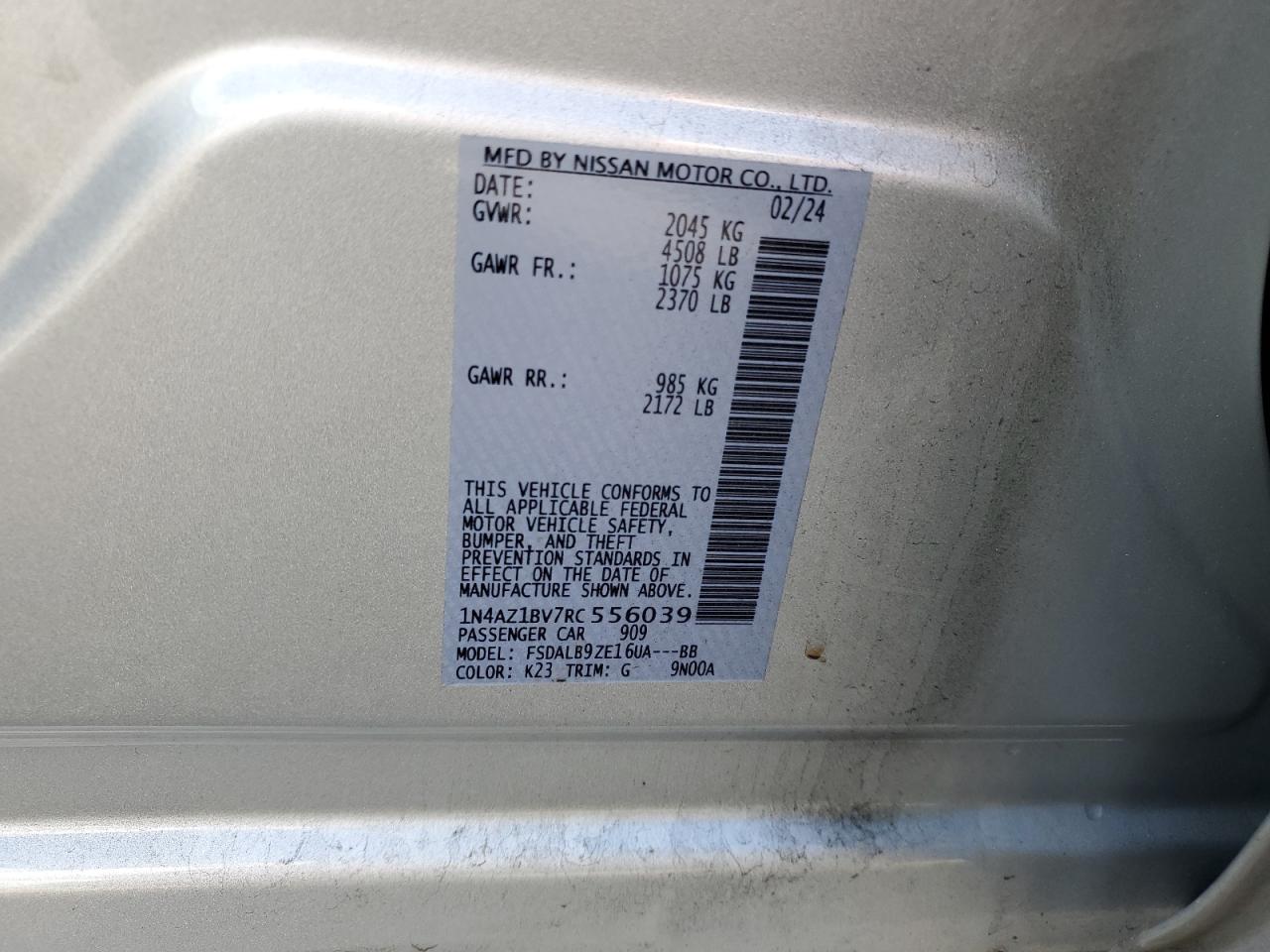 2024 NISSAN LEAF S VIN:1N4AZ1BV7RC556039