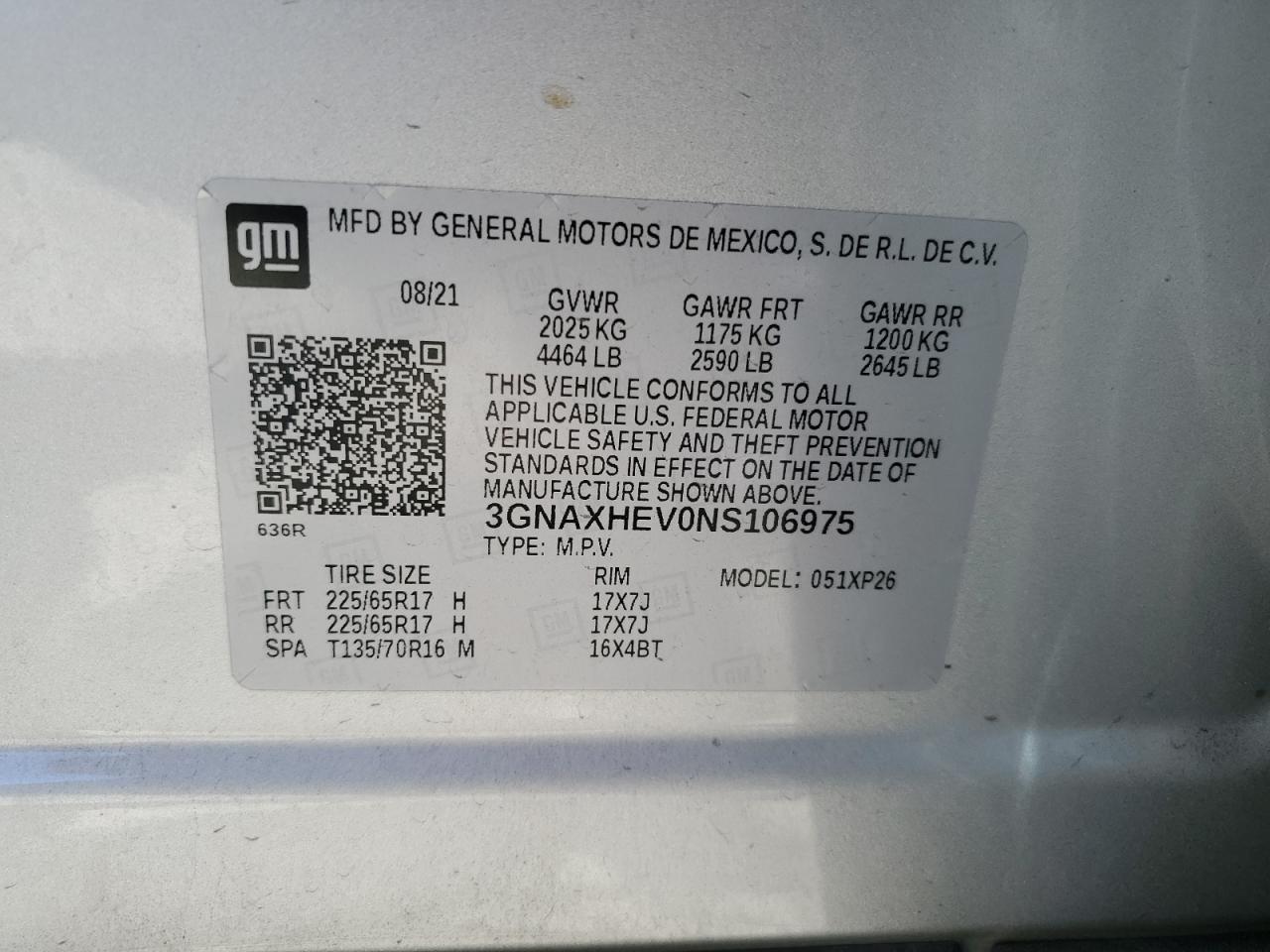 2022 CHEVROLET EQUINOX LS VIN:3GNAXHEV0NS106975