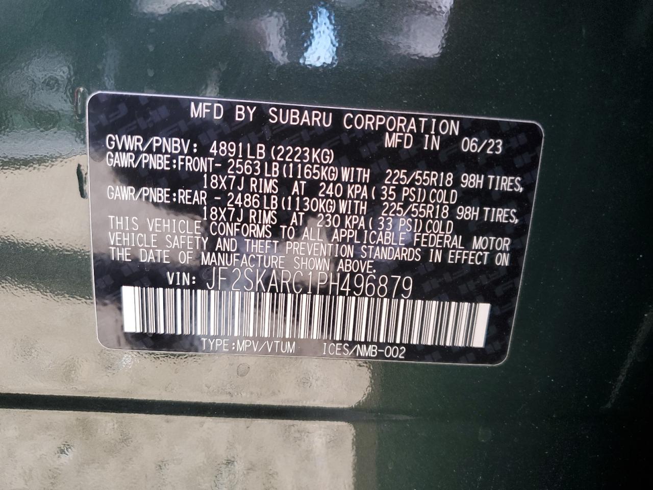 2023 SUBARU FORESTER TOURING VIN:JF2SKARC1PH496879