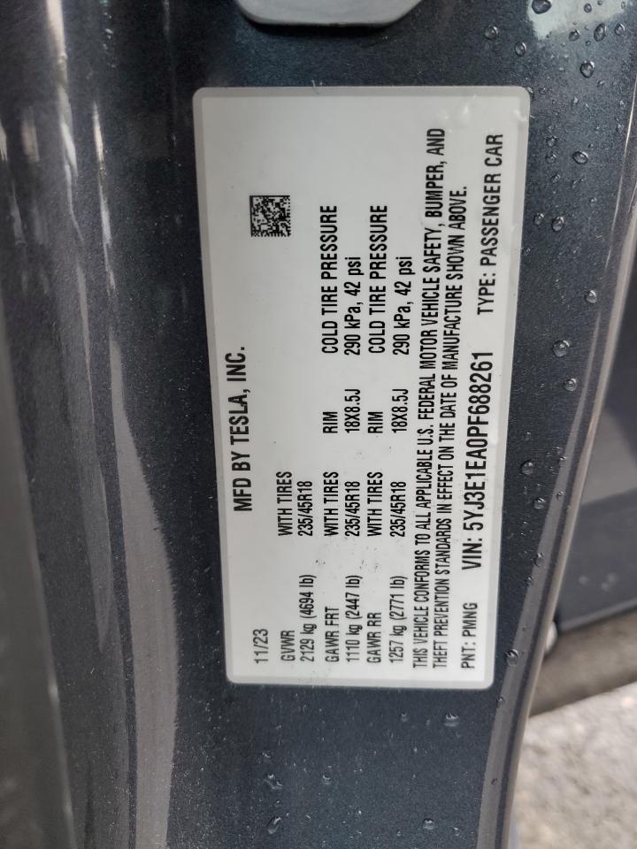 2023 TESLA MODEL 3  VIN:5YJ3E1EA0PF688261