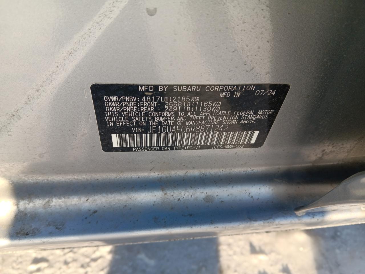 2024 SUBARU IMPREZA SPORT VIN:JF1GUAFC6R8871242