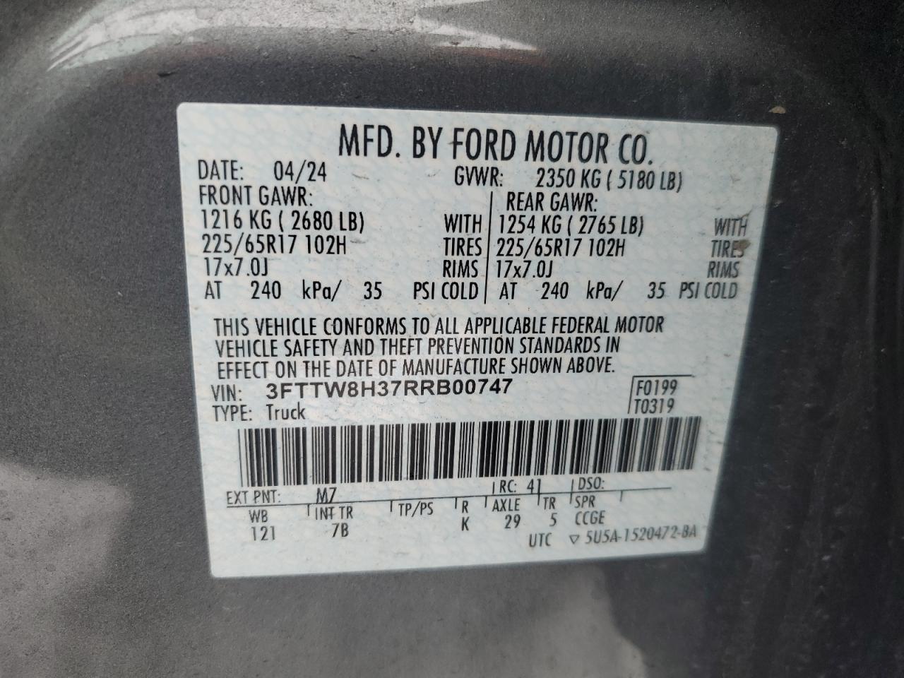 2024 FORD MAVERICK XLT VIN:3FTTW8H37RRB00747