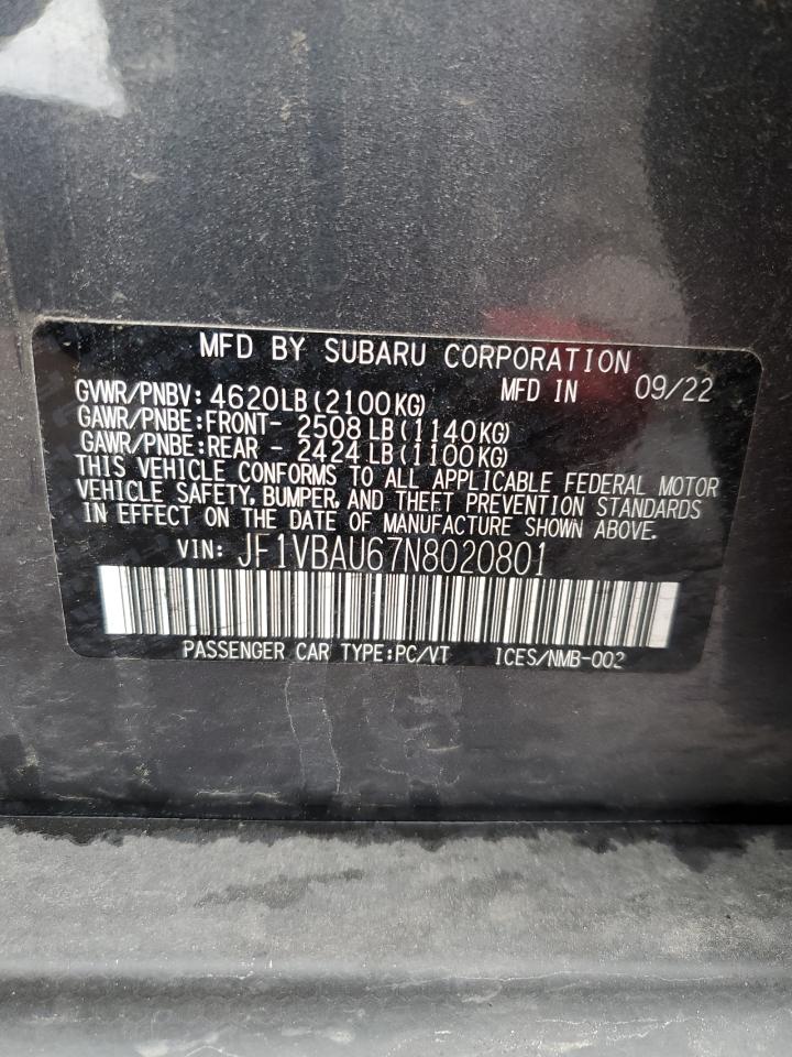 2022 SUBARU WRX GT VIN:JF1VBAU67N8020801