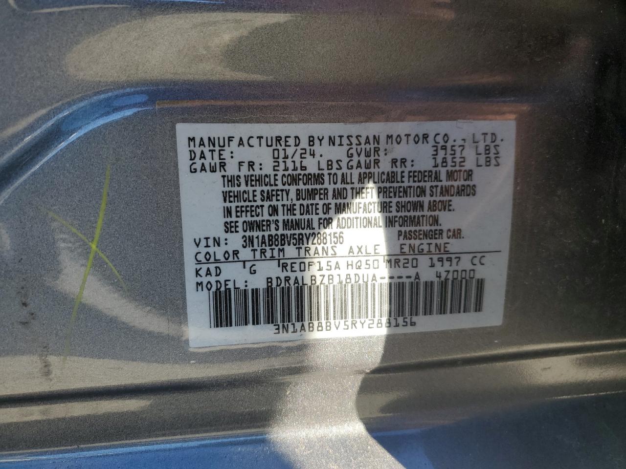 2024 NISSAN SENTRA S VIN:3N1AB8BV5RY288156
