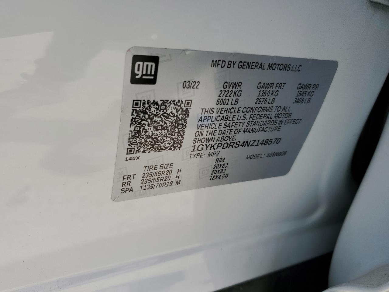 2022 CADILLAC XT6 PREMIUM LUXURY VIN:1GYKPDRS4NZ148570