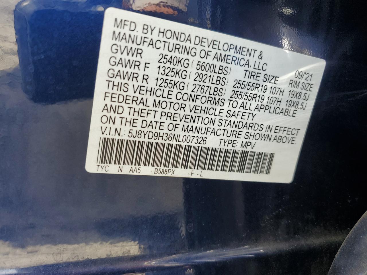 2022 ACURA MDX  VIN:5J8YD9H36NL007326