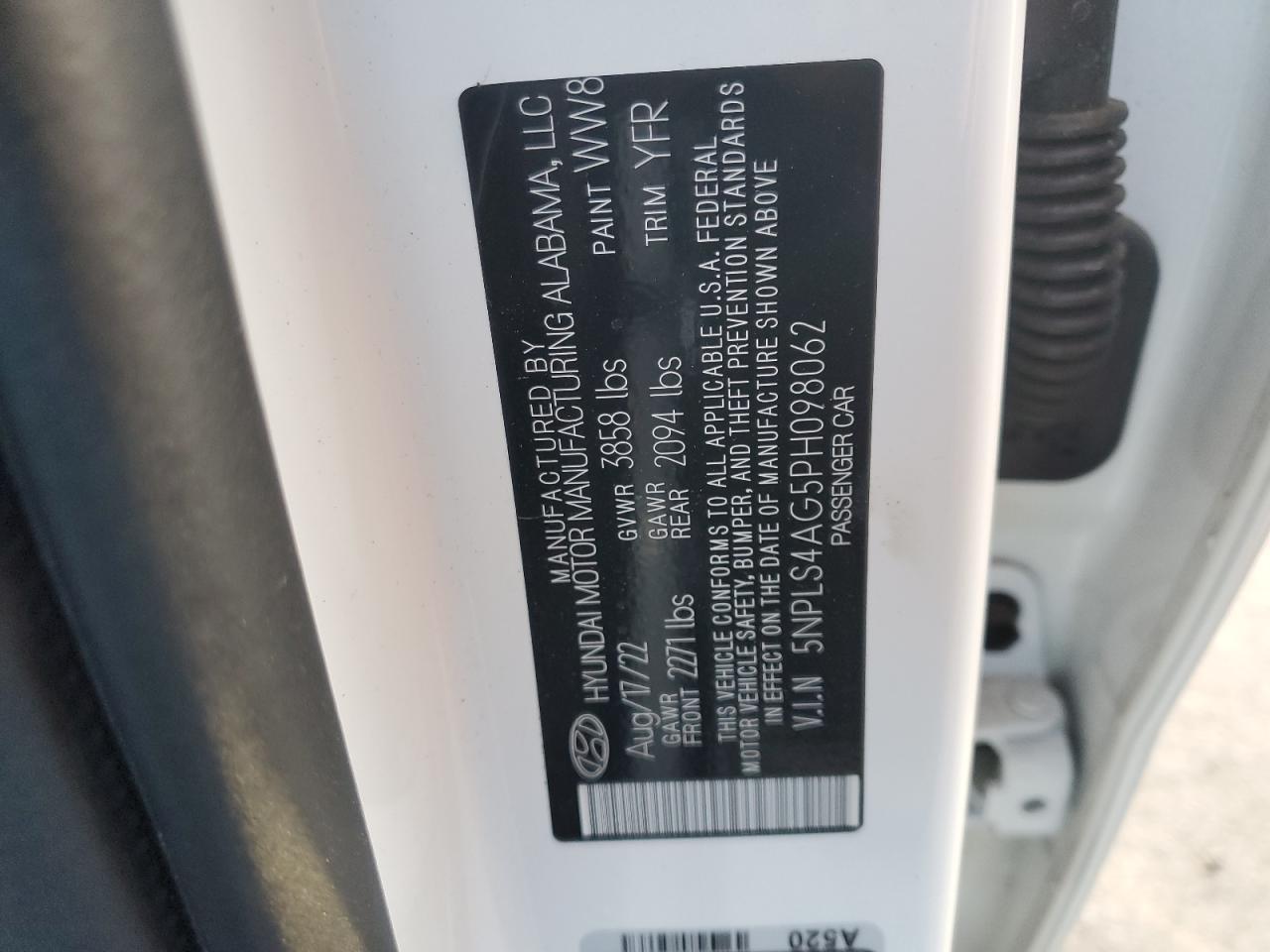 2023 HYUNDAI ELANTRA SEL VIN:5NPLS4AG5PH098062