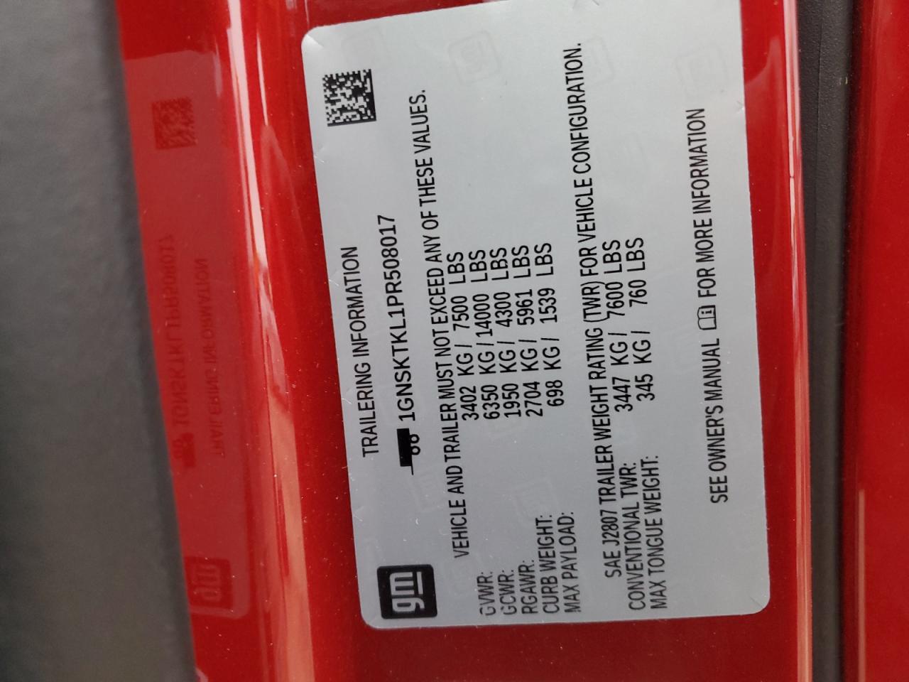 2023 CHEVROLET TAHOE K1500 HIGH COUNTRY VIN:1GNSKTKL1PR508017