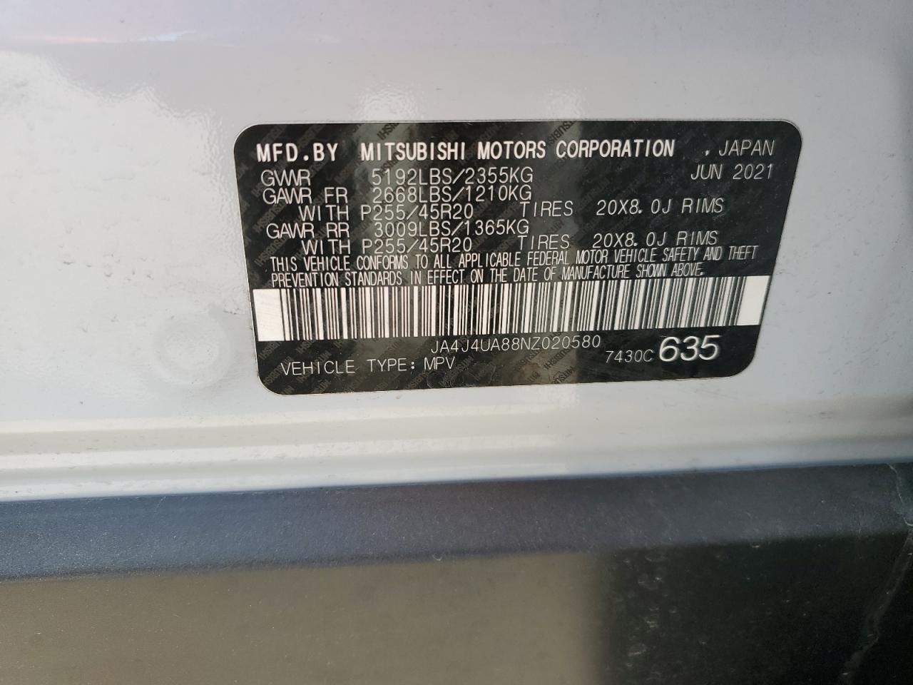 2022 MITSUBISHI OUTLANDER SE VIN:JA4J4UA88NZ020580