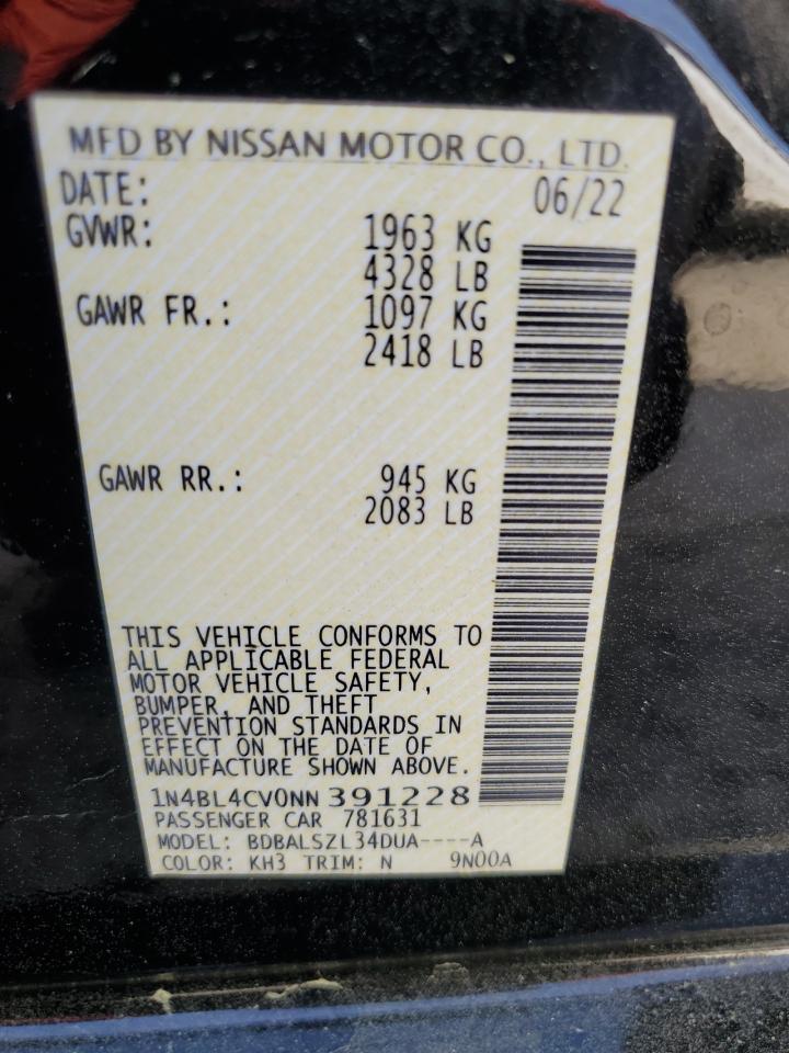 2022 NISSAN ALTIMA SR VIN:1N4BL4CV0NN391228