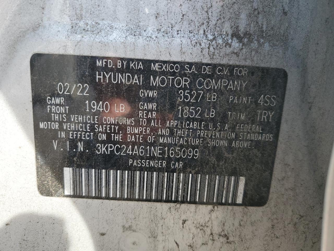 2022 HYUNDAI ACCENT SE VIN:3KPC24A61NE165099