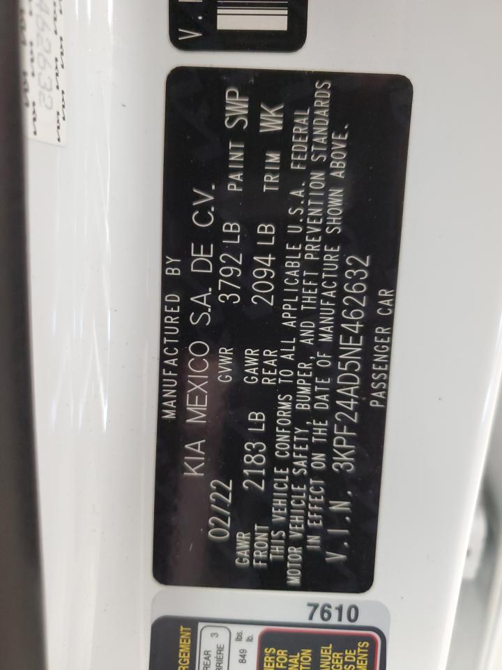 2022 KIA FORTE FE VIN:3KPF24AD5NE462632