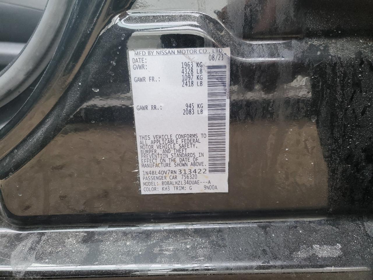 2024 NISSAN ALTIMA SV VIN:1N4BL4DV7RN313422