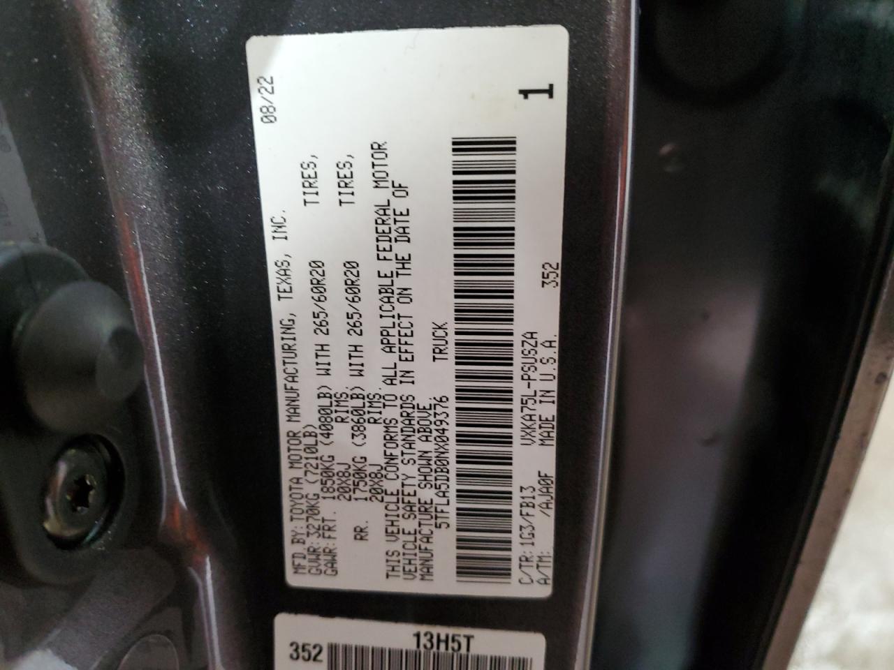 2022 TOYOTA TUNDRA CREWMAX SR VIN:5TFLA5DB0NX049376