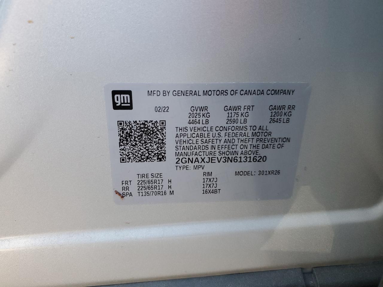 2022 CHEVROLET EQUINOX LT VIN:2GNAXJEV3N6131620