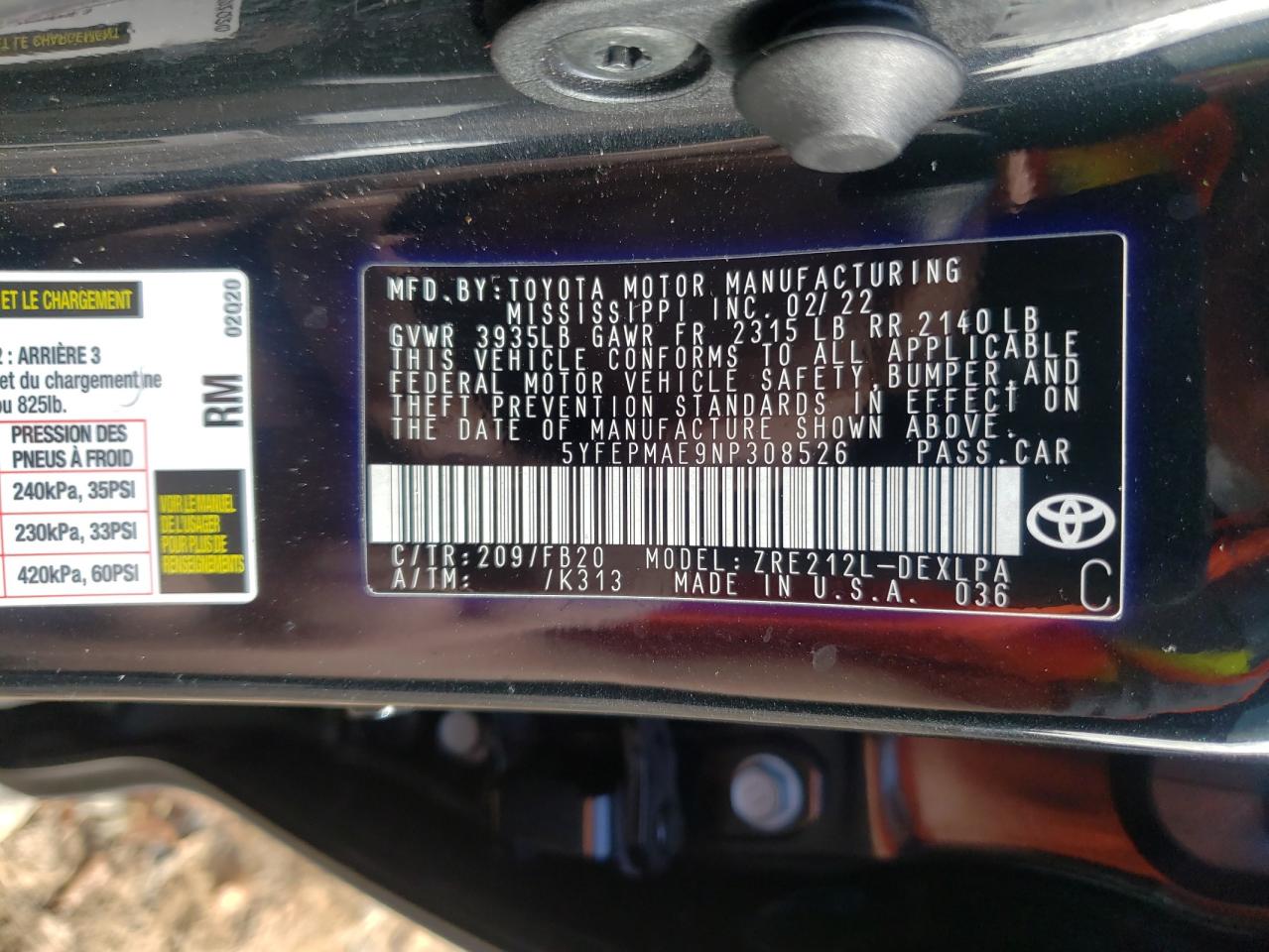 2022 TOYOTA COROLLA LE VIN:5YFEPMAE9NP308526