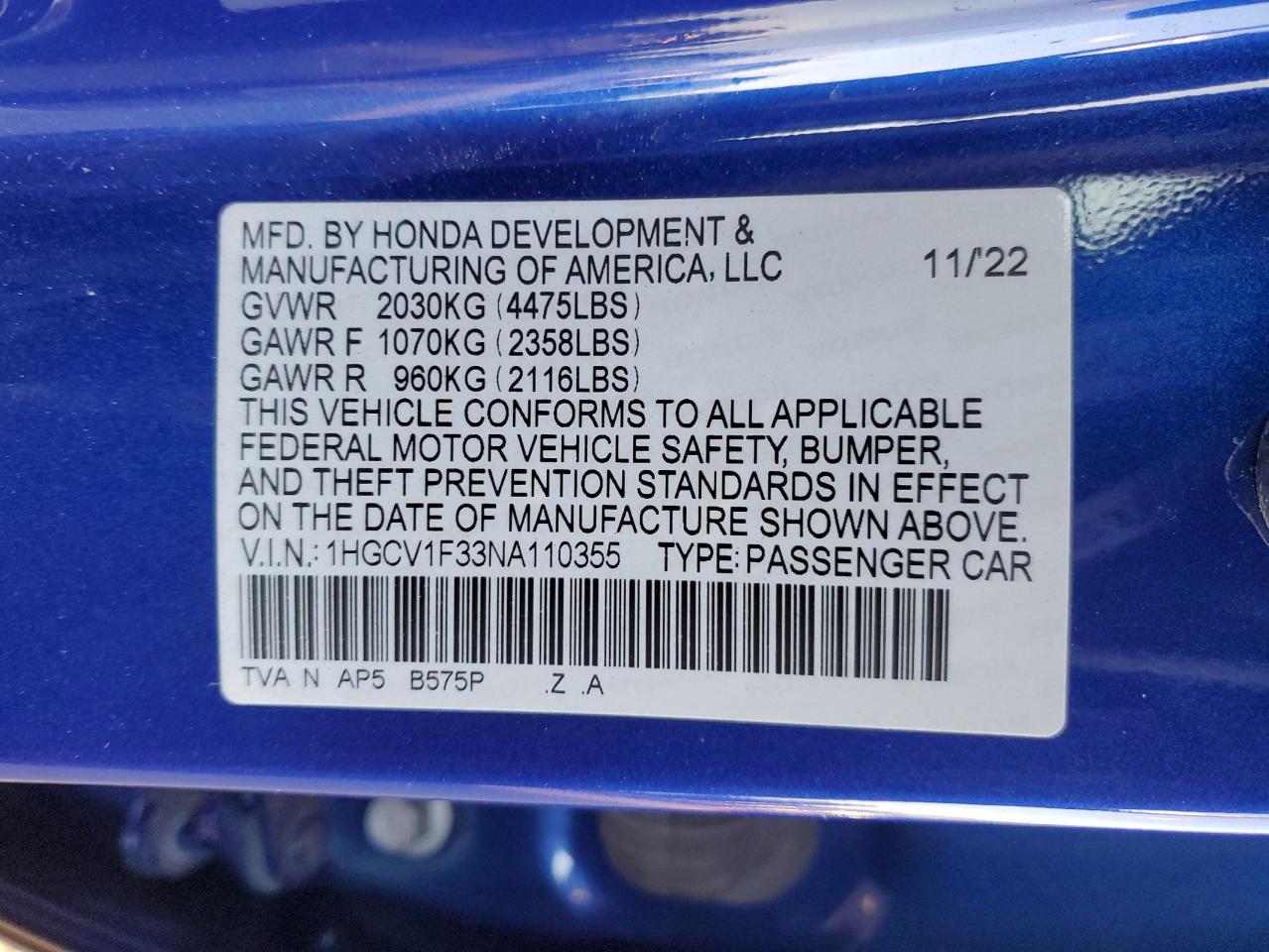 2022 HONDA ACCORD SPORT VIN:1HGCV1F33NA110355
