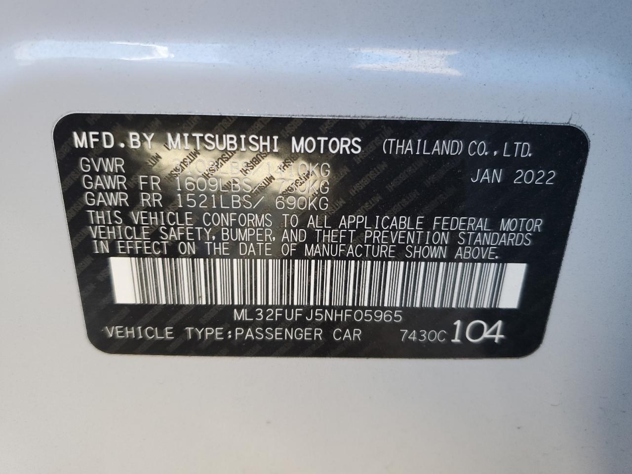 2022 MITSUBISHI MIRAGE G4 ES VIN:ML32FUFJ5NHF05965