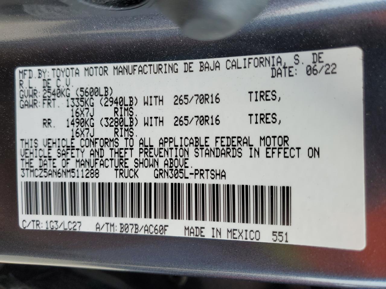 2022 TOYOTA TACOMA DOUBLE CAB VIN:3TMCZ5AN6NM511288