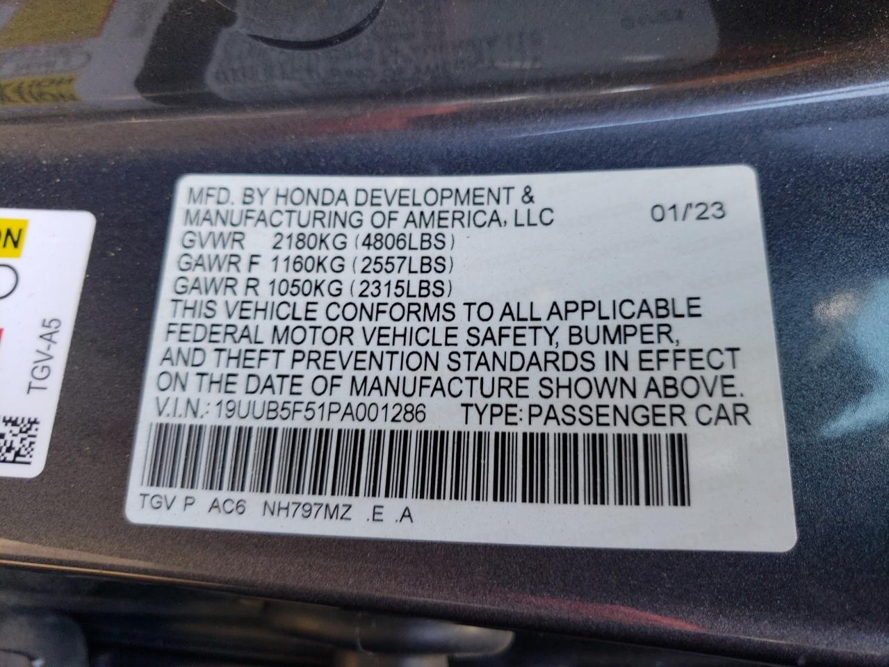 2023 ACURA TLX TECH A VIN:19UUB5F51PA001286