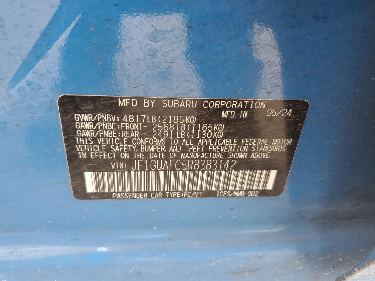 2024 SUBARU IMPREZA SPORT VIN:JF1GUAFC5R8383142