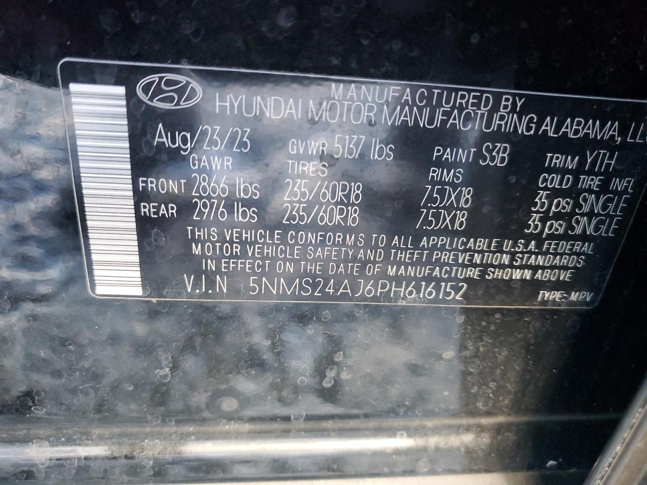 2023 HYUNDAI SANTA FE SEL VIN:5NMS24AJ6PH616152