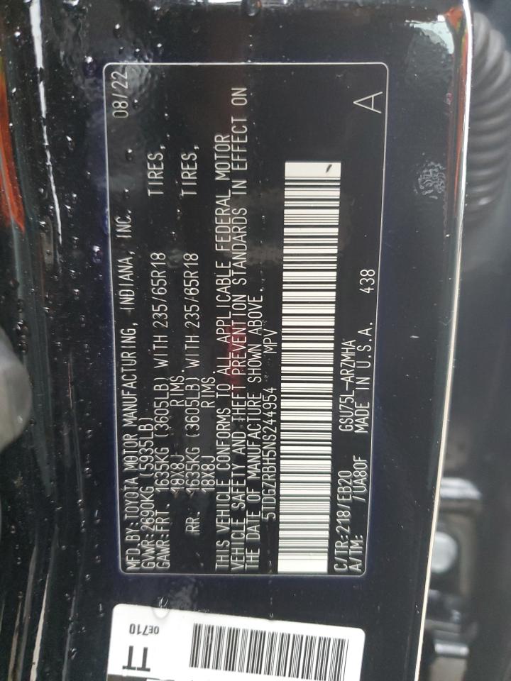 2022 TOYOTA HIGHLANDER XLE VIN:5TDGZRBH5NS244954