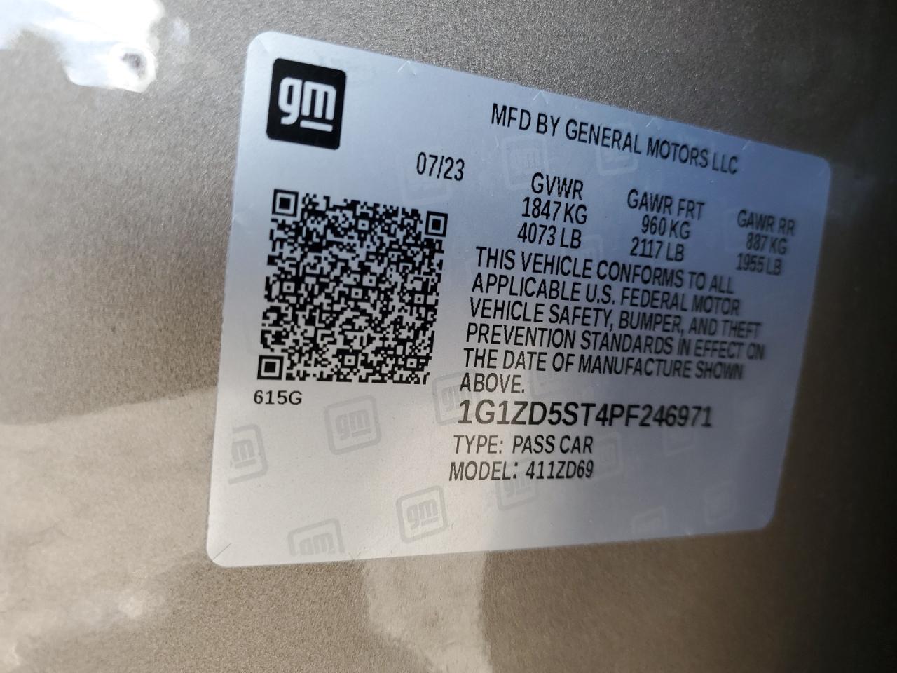 2023 CHEVROLET MALIBU LT VIN:1G1ZD5ST4PF246971