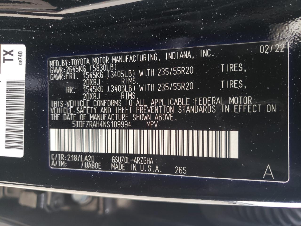 2022 TOYOTA HIGHLANDER PLATINUM VIN:5TDFZRAH4NS109994