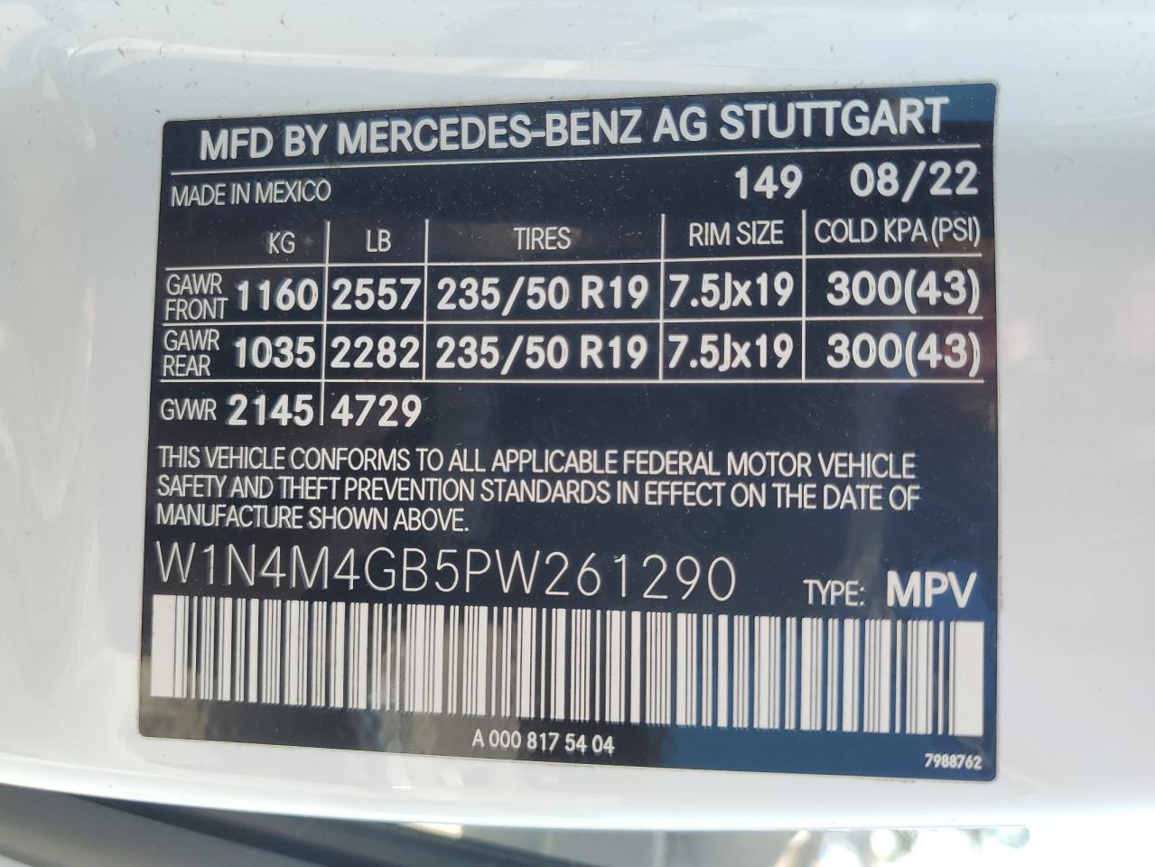 2023 MERCEDES-BENZ GLB 250 VIN:W1N4M4GB5PW261290