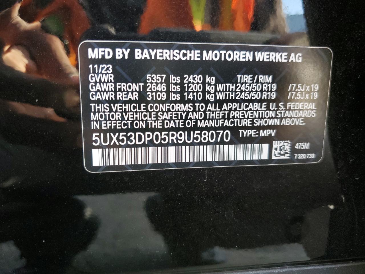 2024 BMW X3 XDRIVE30I VIN:5UX53DP05R9U58070