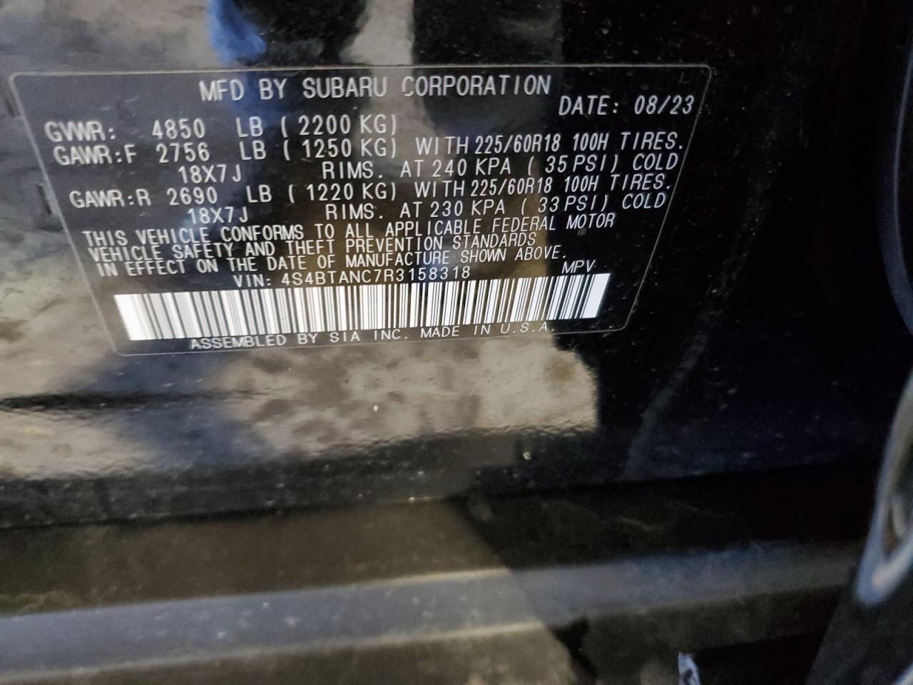 2024 SUBARU OUTBACK LIMITED VIN:4S4BTANC7R3158318