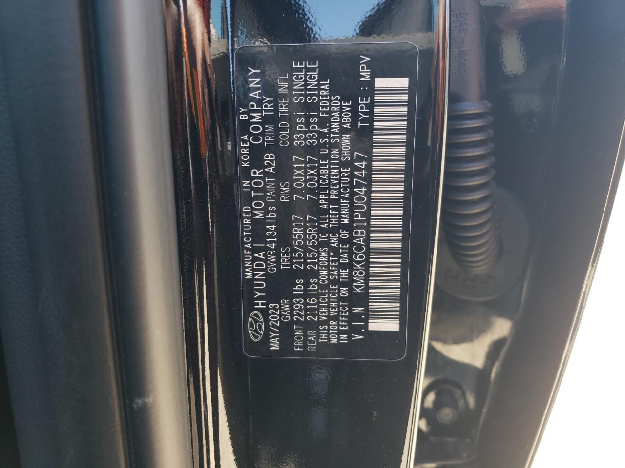 2023 HYUNDAI KONA SEL VIN:KM8K6CAB1PU047447