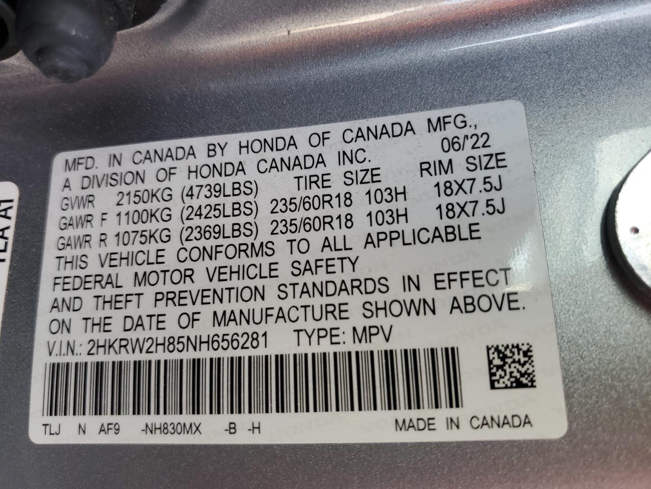 2022 HONDA CR-V EXL VIN:2HKRW2H85NH656281