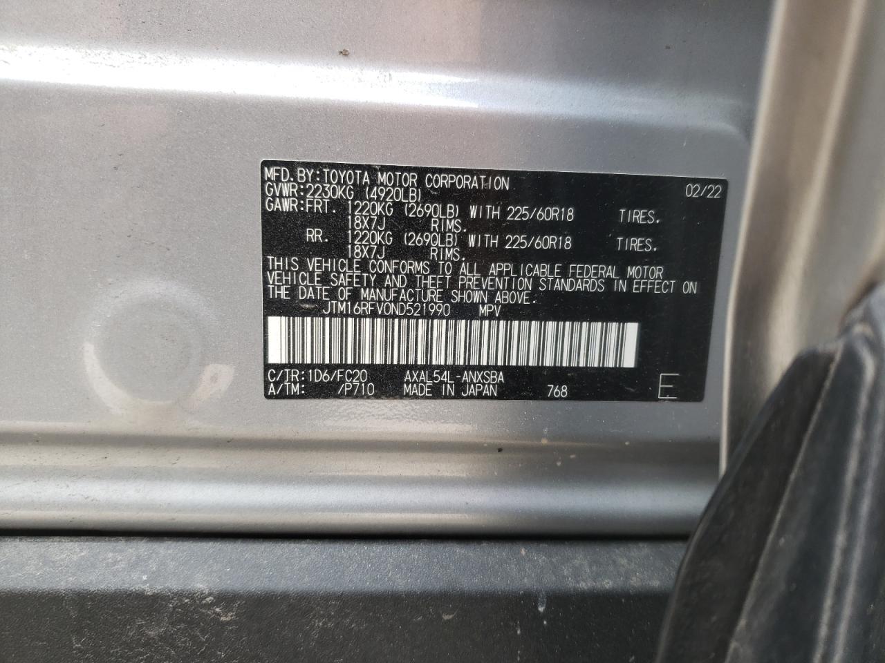 2022 TOYOTA RAV4 SE VIN:JTM16RFV0ND521990