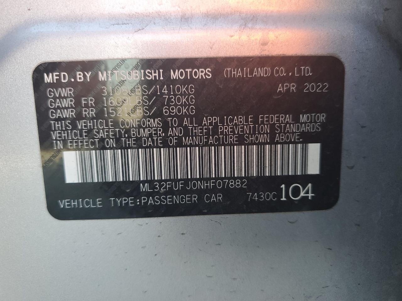 2022 MITSUBISHI MIRAGE G4 ES VIN:ML32FUFJ0NHF07882