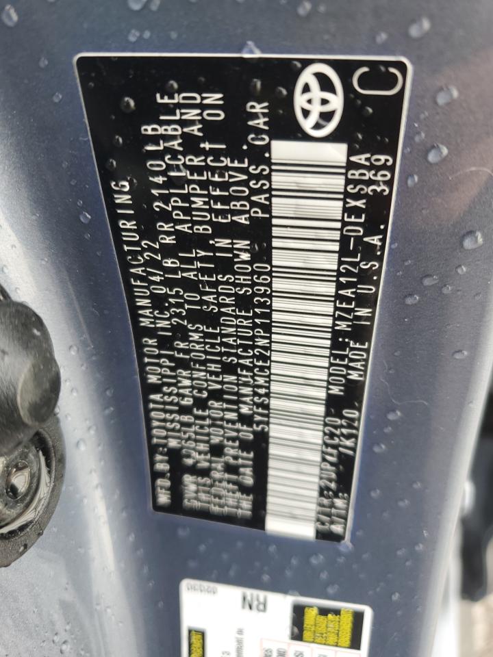 2022 TOYOTA COROLLA SE VIN:5YFS4MCE2NP113960