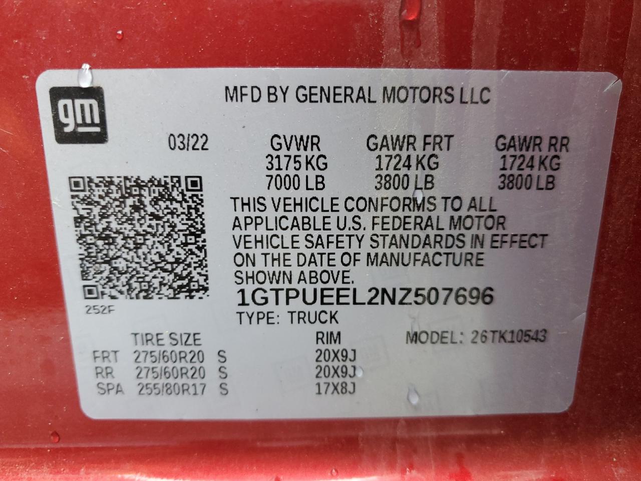 2022 GMC SIERRA K1500 AT4 VIN:1GTPUEEL2NZ507696