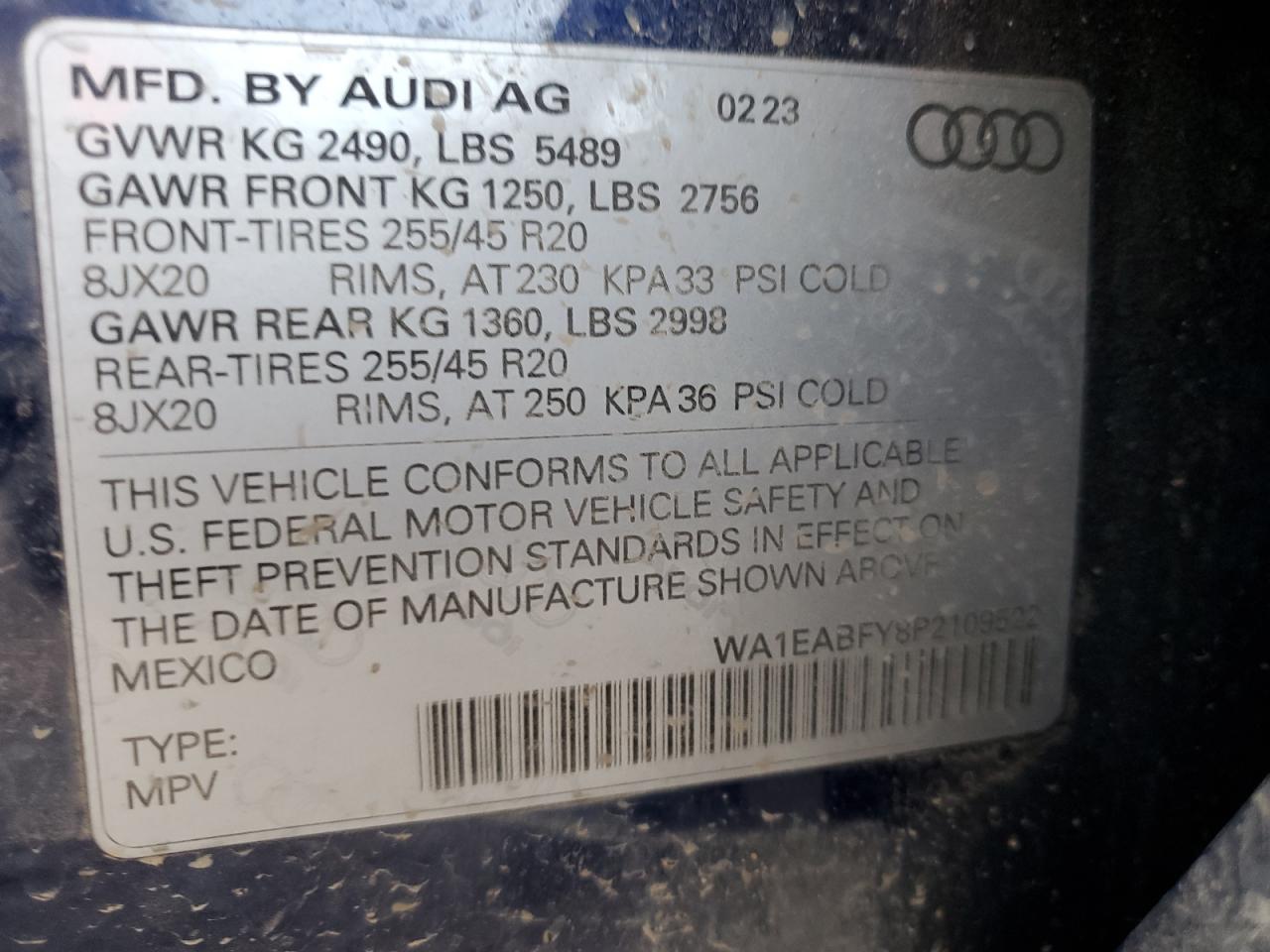 2023 AUDI Q5 PREMIUM PLUS 45 VIN:WA1EABFY8P2109522