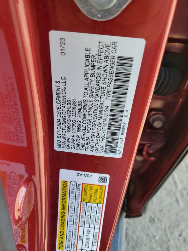 2023 HONDA ACCORD EX VIN:1HGCY1F33PA001534
