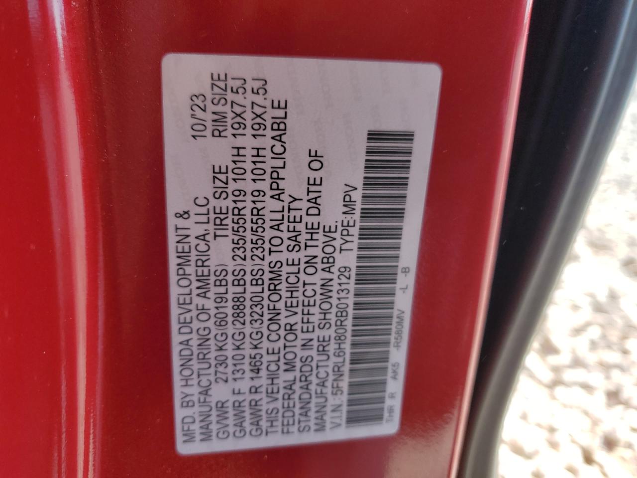 2024 HONDA ODYSSEY TOURING VIN:5FNRL6H80RB013129