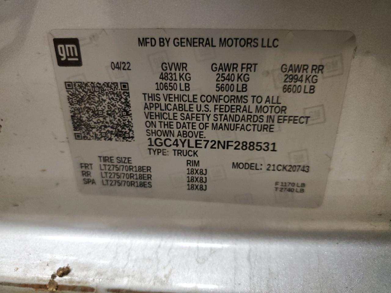 2022 CHEVROLET SILVERADO K2500 HEAVY DUTY VIN:1GC4YLE72NF288531