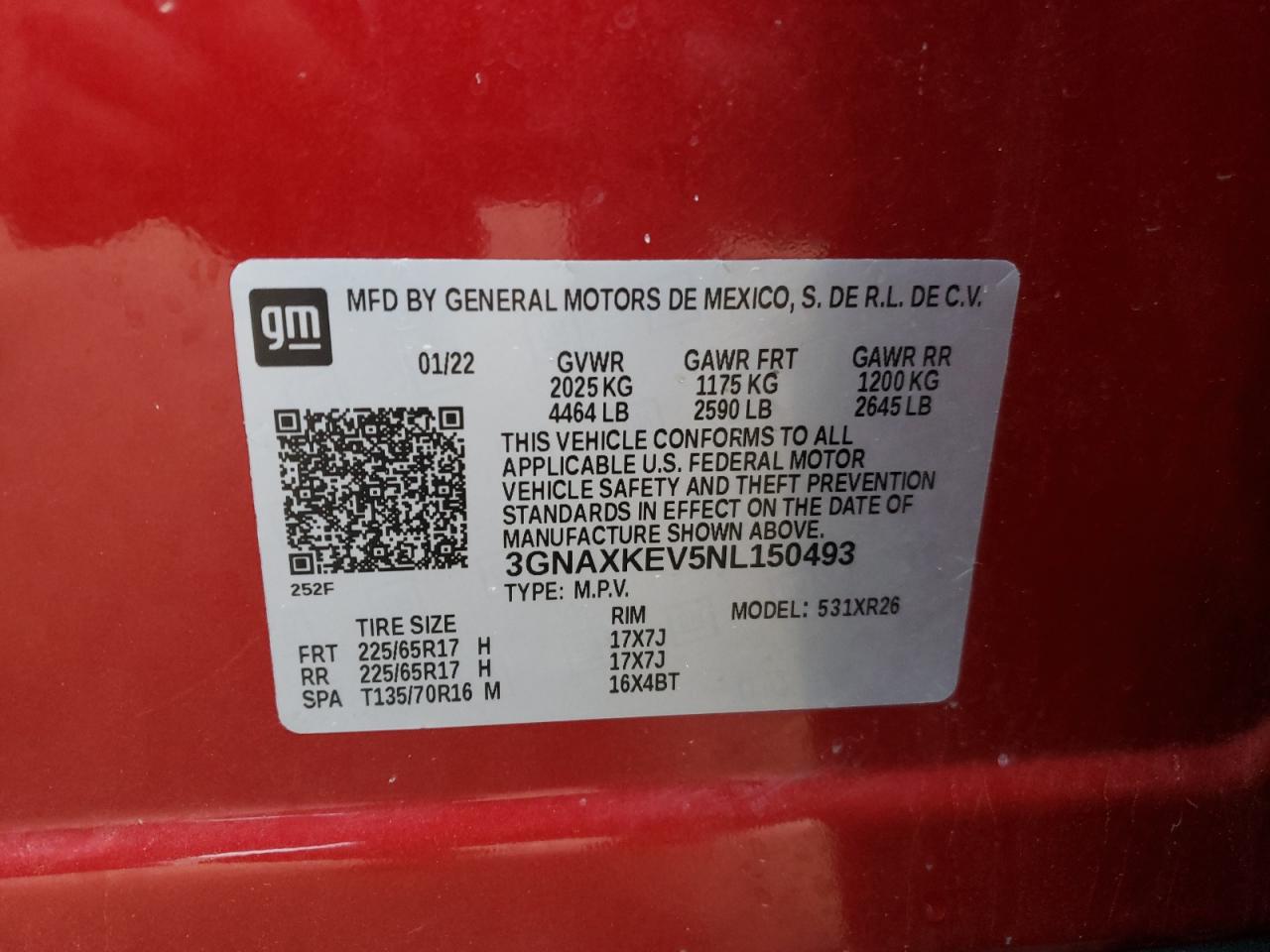 2022 CHEVROLET EQUINOX LT VIN:3GNAXKEV5NL150493