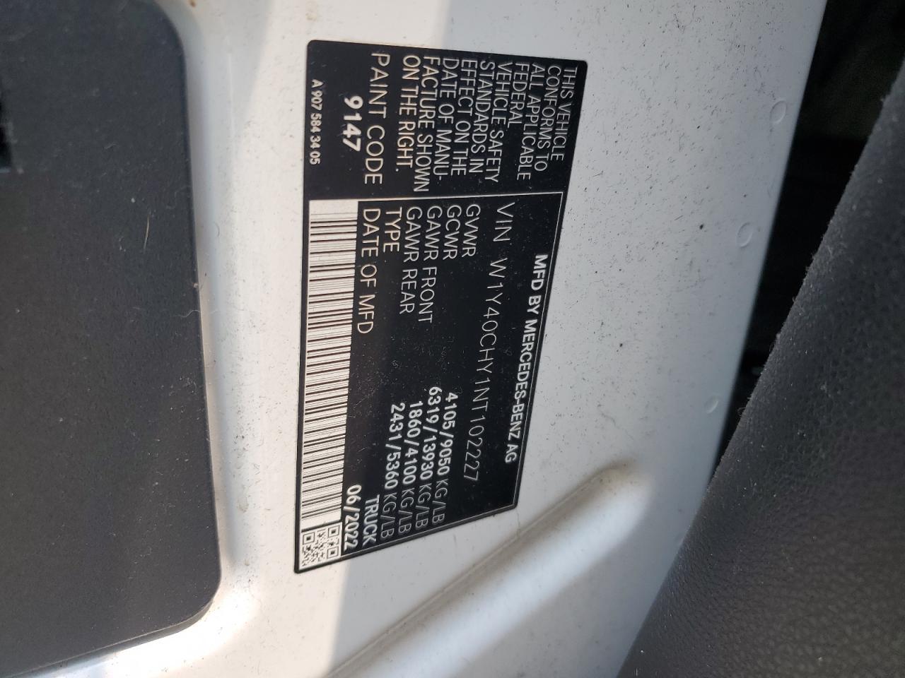 2022 MERCEDES-BENZ SPRINTER 2500 VIN:W1Y40CHY1NT102227