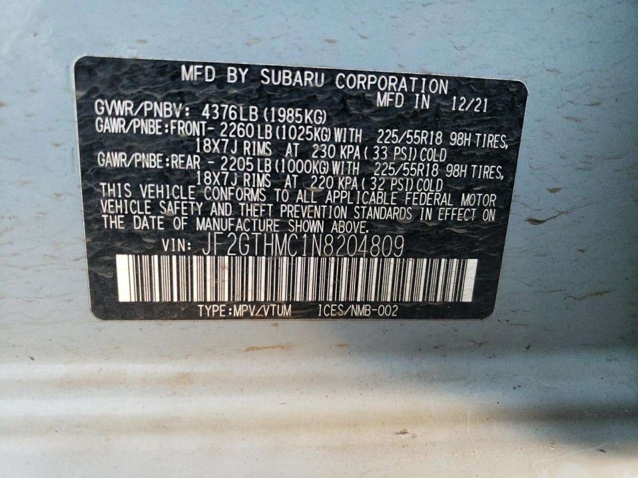 2022 SUBARU CROSSTREK LIMITED VIN:JF2GTHMC1N8204809