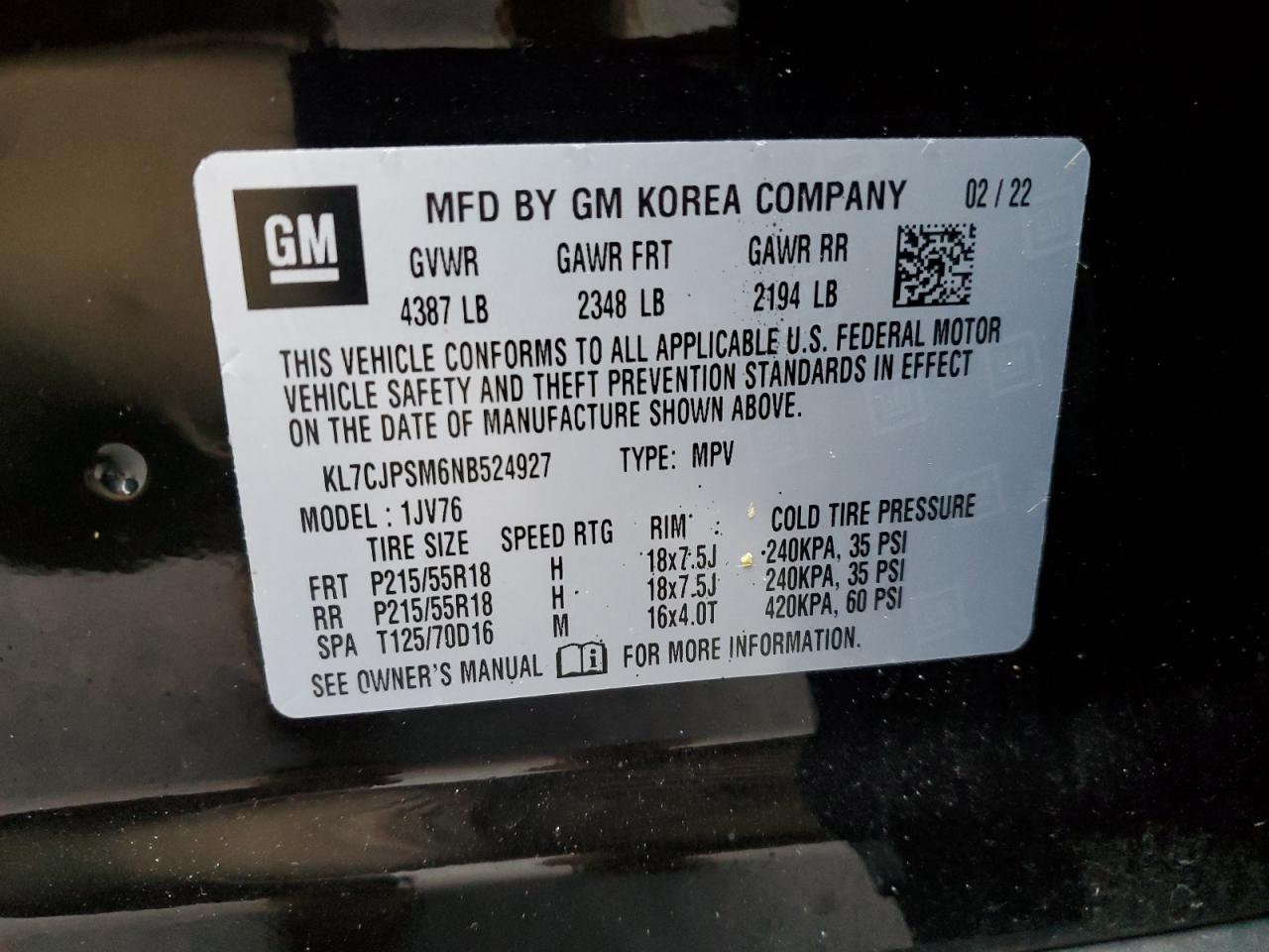 2022 CHEVROLET TRAX 1LT VIN:KL7CJPSM6NB524927